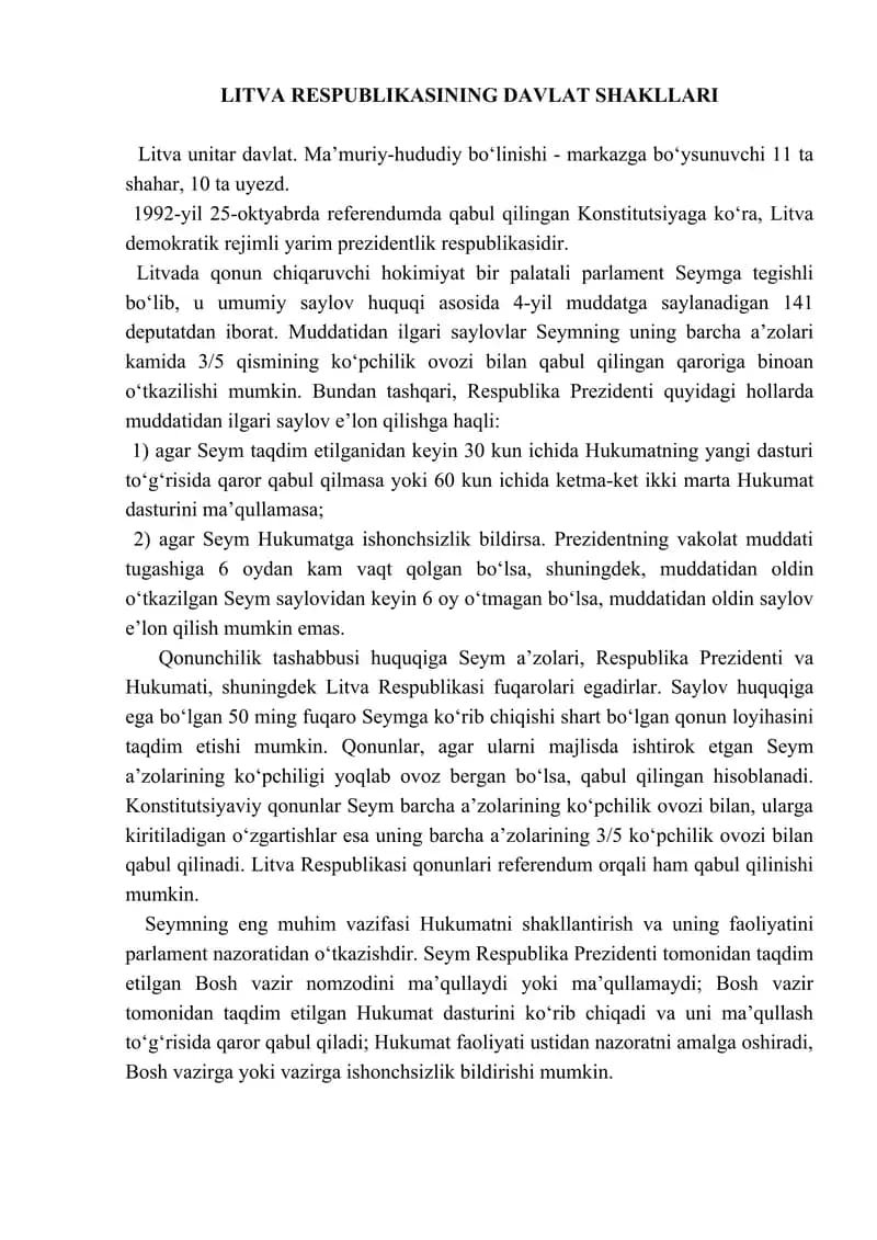 Litva Respublikasi davlat shakllari (tezis)