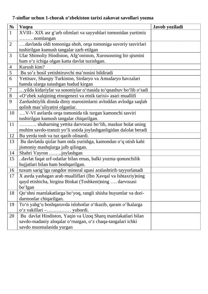 7-sinflar uchun 1-chorak o’zbekiston tarixi zakovat savollari yozma