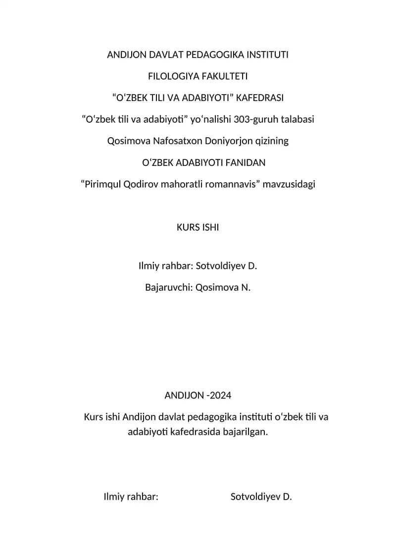 Pirimqul Qodirov mahoratli romannavis