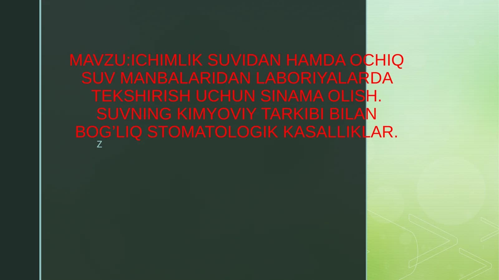 ICHIMLIK SUVIDAN HAMDA OCHIQ SUV MANBALARIDAN LABORIYALARDA TEKSHIRISH UCHUN SINAMA OLISH. SUVNING K