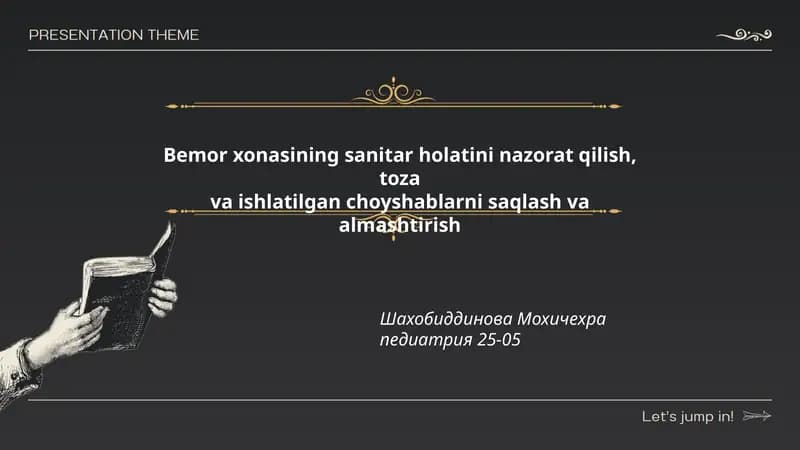 Bemor xonasining sanitar holatini nazorat qilish, tozava ishlatilgan choyshablarni saqlash va almashtirish