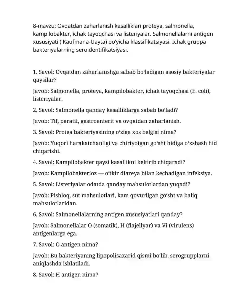 Ovqatdan zaharlanish kasalliklari proteya, salmonella, kampilobakter, ichak tayoqchasi va listeriya