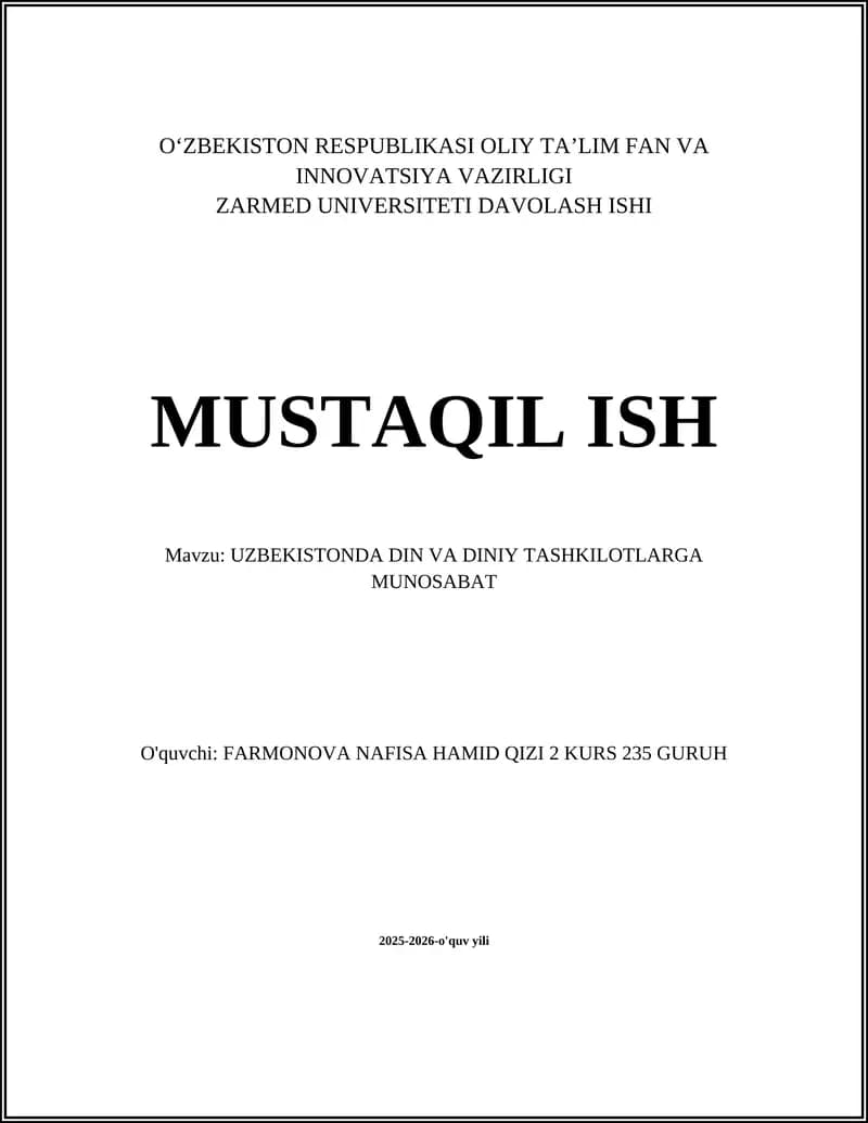 UZBEKISTONDA DIN VA DINIY TASHKILOTLARGA MUNOSABAT