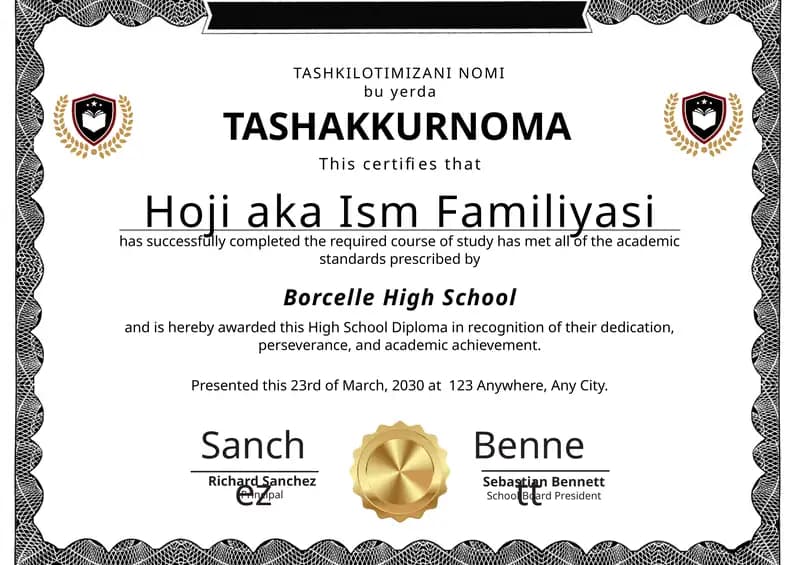 Tashakkurnoma shablon tayyori andoza