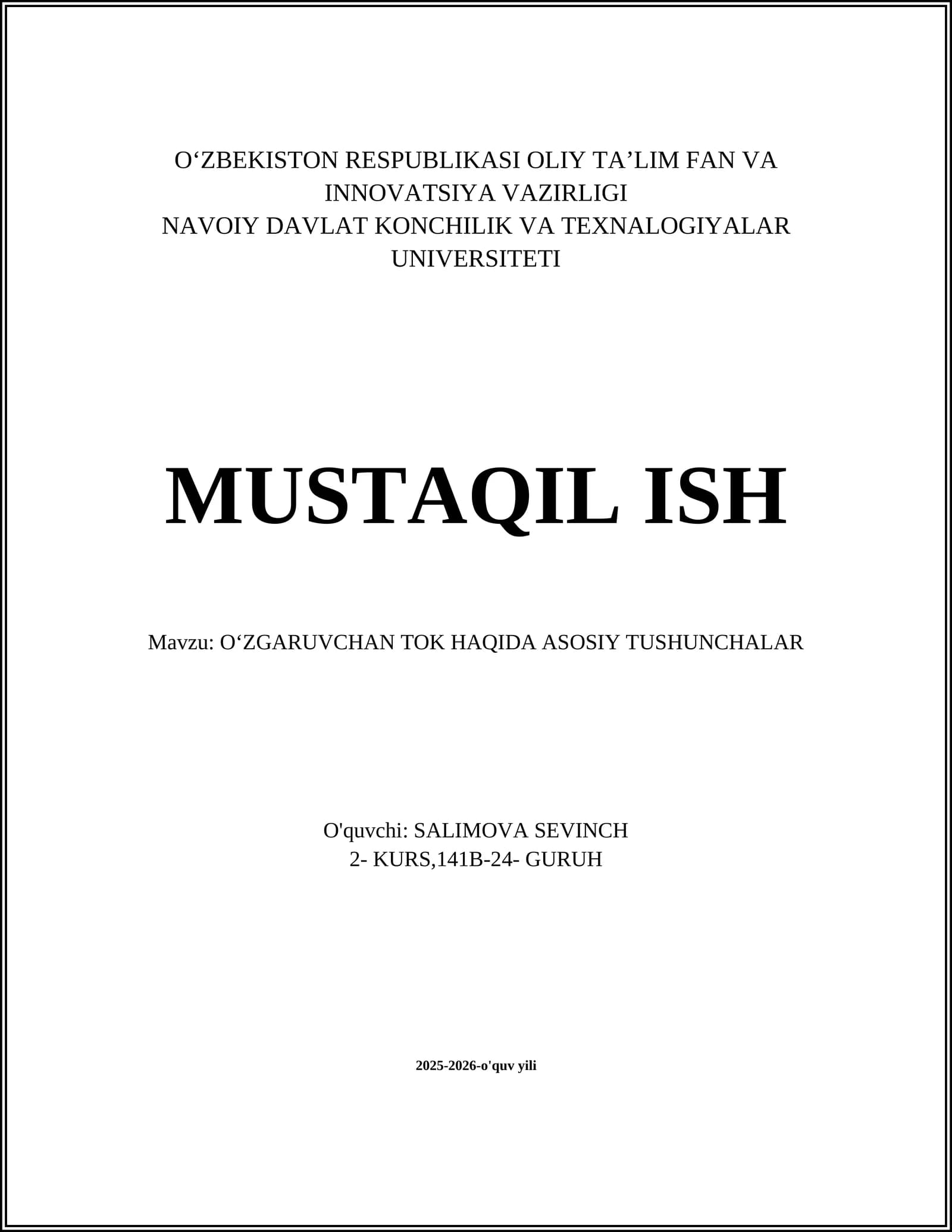 OʻZGARUVCHAN TOK HAQIDA ASOSIY TUSHUNCHALAR