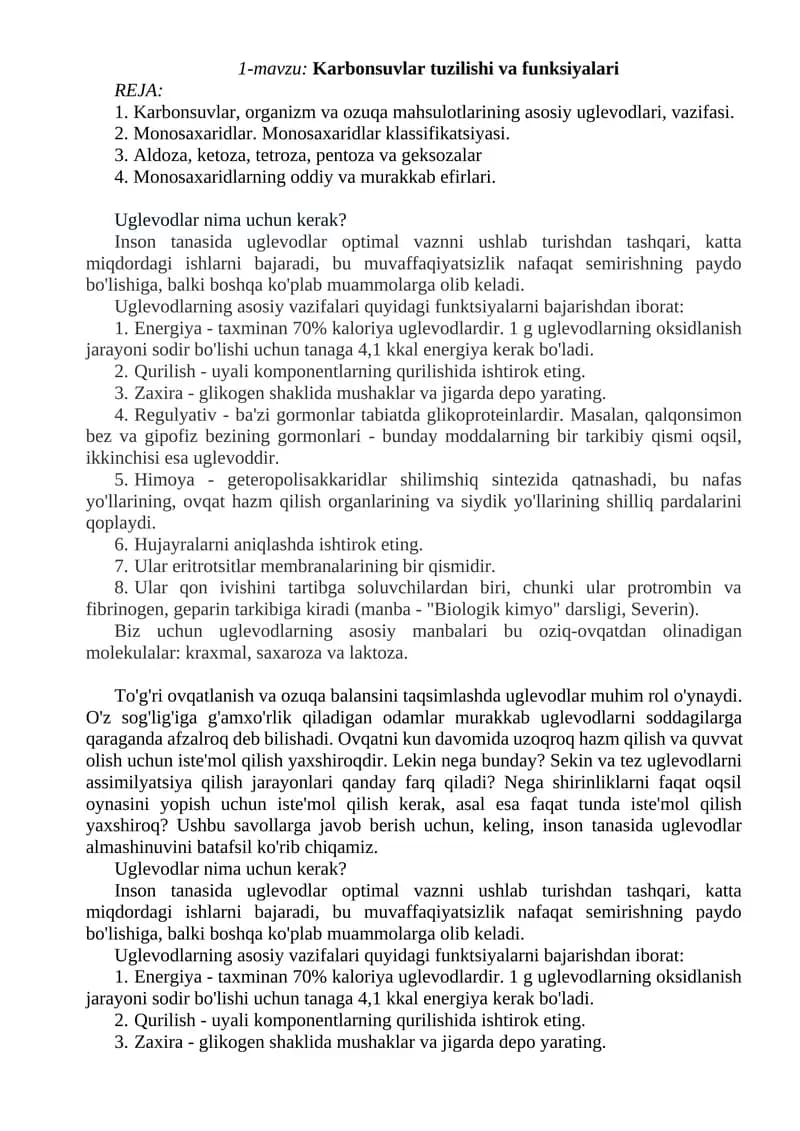 Karbonsuvlar tuzilishi va funksiyalari