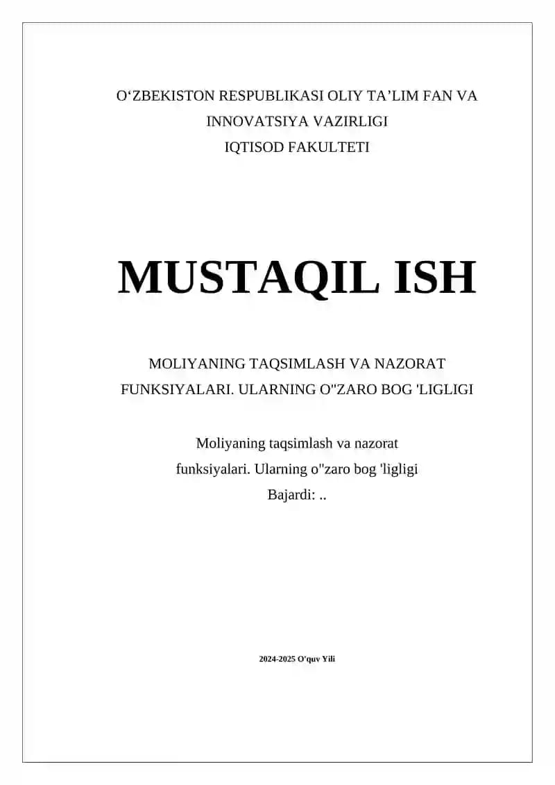 Moliyaning taqsimlash va nazorat funksiyalari