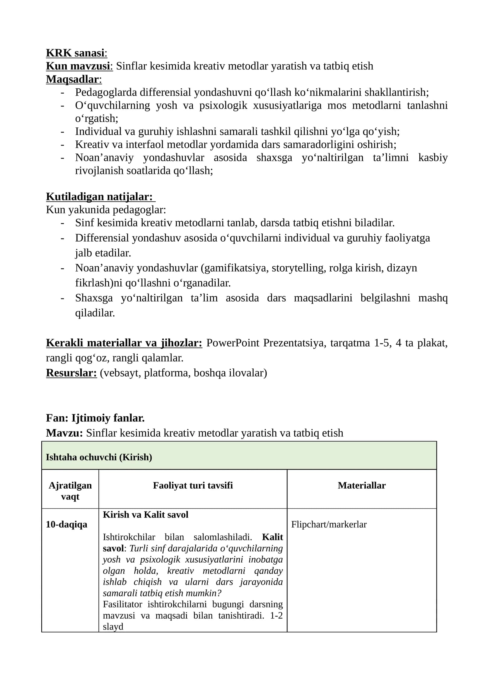 Sinflar kesimida kreativ metodlar yaratish va tatbiq etish