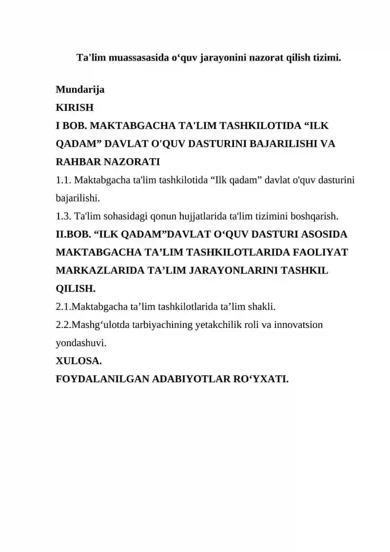 Ta'lim muassasasida o‘quv jarayonini nazorat qilish tizimi