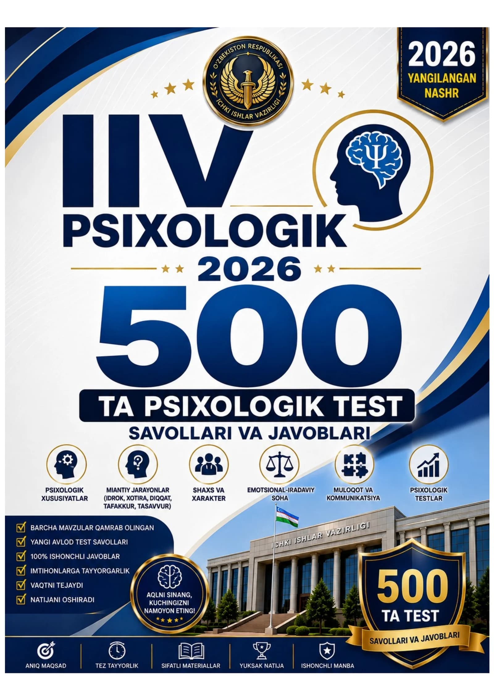 IIV PSIXOLOGIK 2026-YIL - 500 TA PSIXOLOGIK TEST SAVOLLARI VA JAVOBLARI