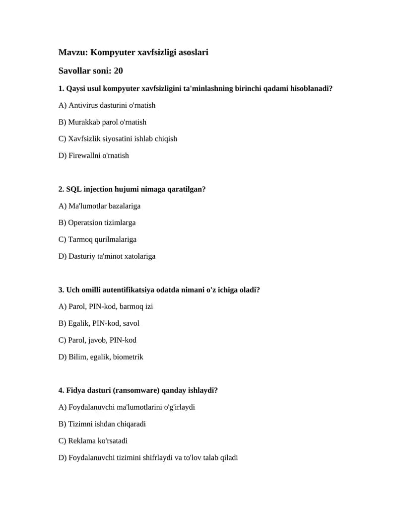 Kompyuter xavfsizligi asoslari