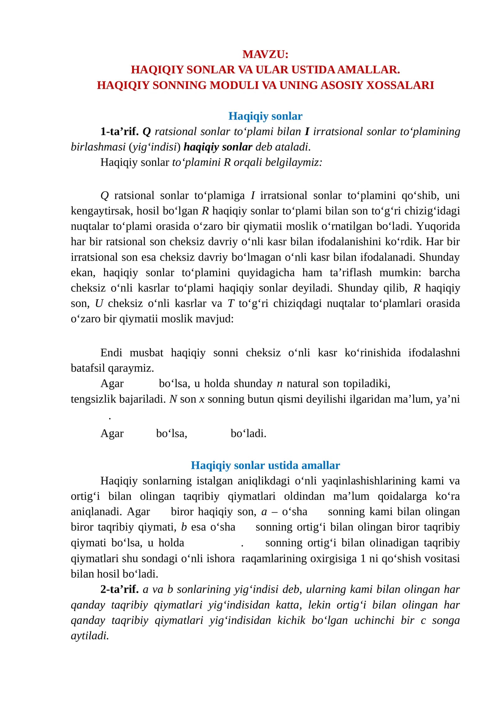 HAQIQIY SONLAR VA ULAR USTIDA AMALLAR. HAQIQIY SONNING MODULI VA UNING ASOSIY XOSSALARI