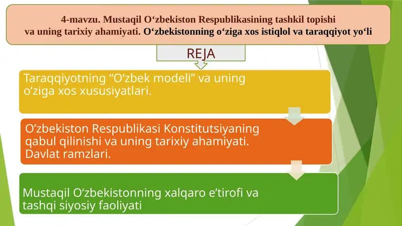 Mustaqil O‘zbеkiston Rеspublikasining tashkil topishi va uning tarixiy ahamiyati. O‘zbekistonning o‘ziga xos istiqlol va taraqqiyot yo‘li