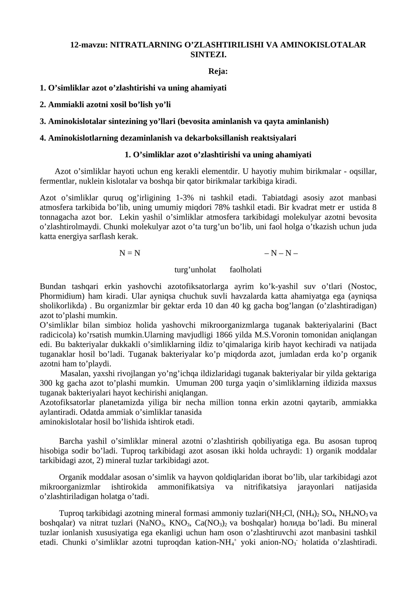 NITRATLARNING O’ZLASHTIRILISHI VA AMINOKISLOTALAR SINTЕZI