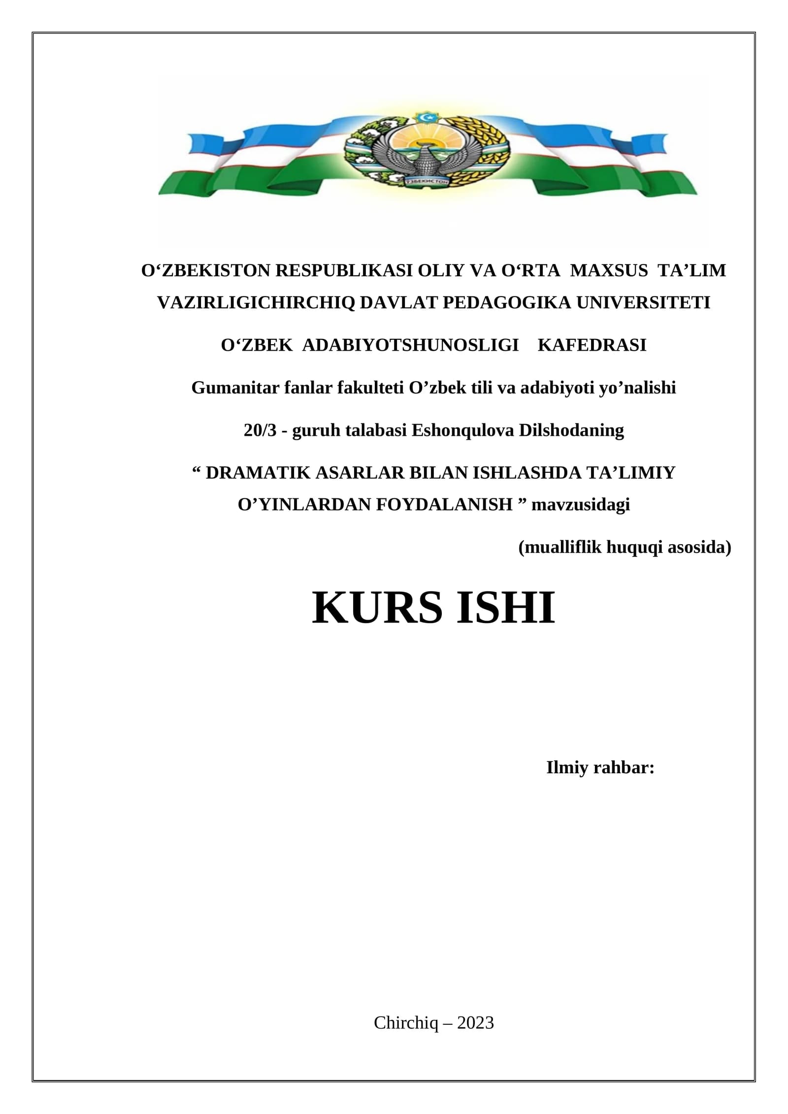 DRAMATIK ASARLAR BILAN ISHLASHDA TA’LIMIY O’YINLARDAN FOYDALANISH
