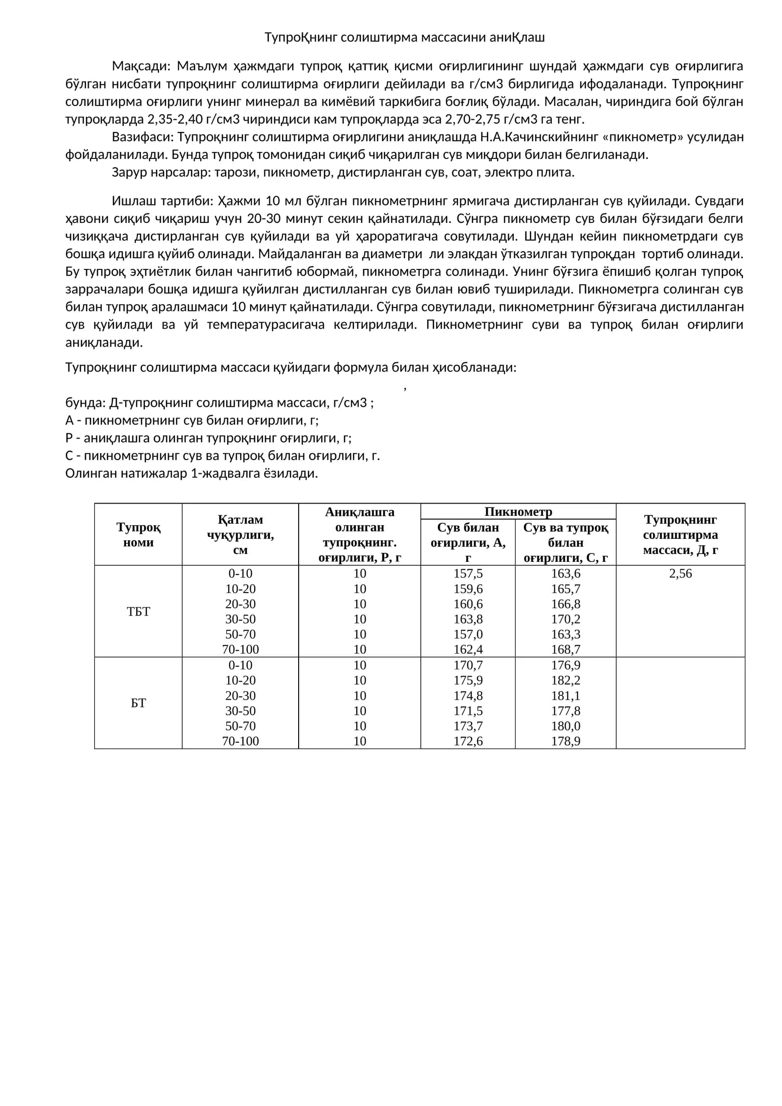 ТупроҚнинг солиштирма массасини аниҚлаш