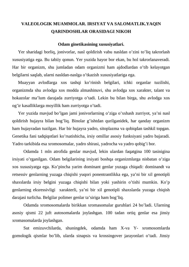 VALEOLOGIK MUAMMOLAR. IRSIYAT VA SALOMATLIK.YAQIN QARINDOSHLAR ORASIDAGI NIKOH