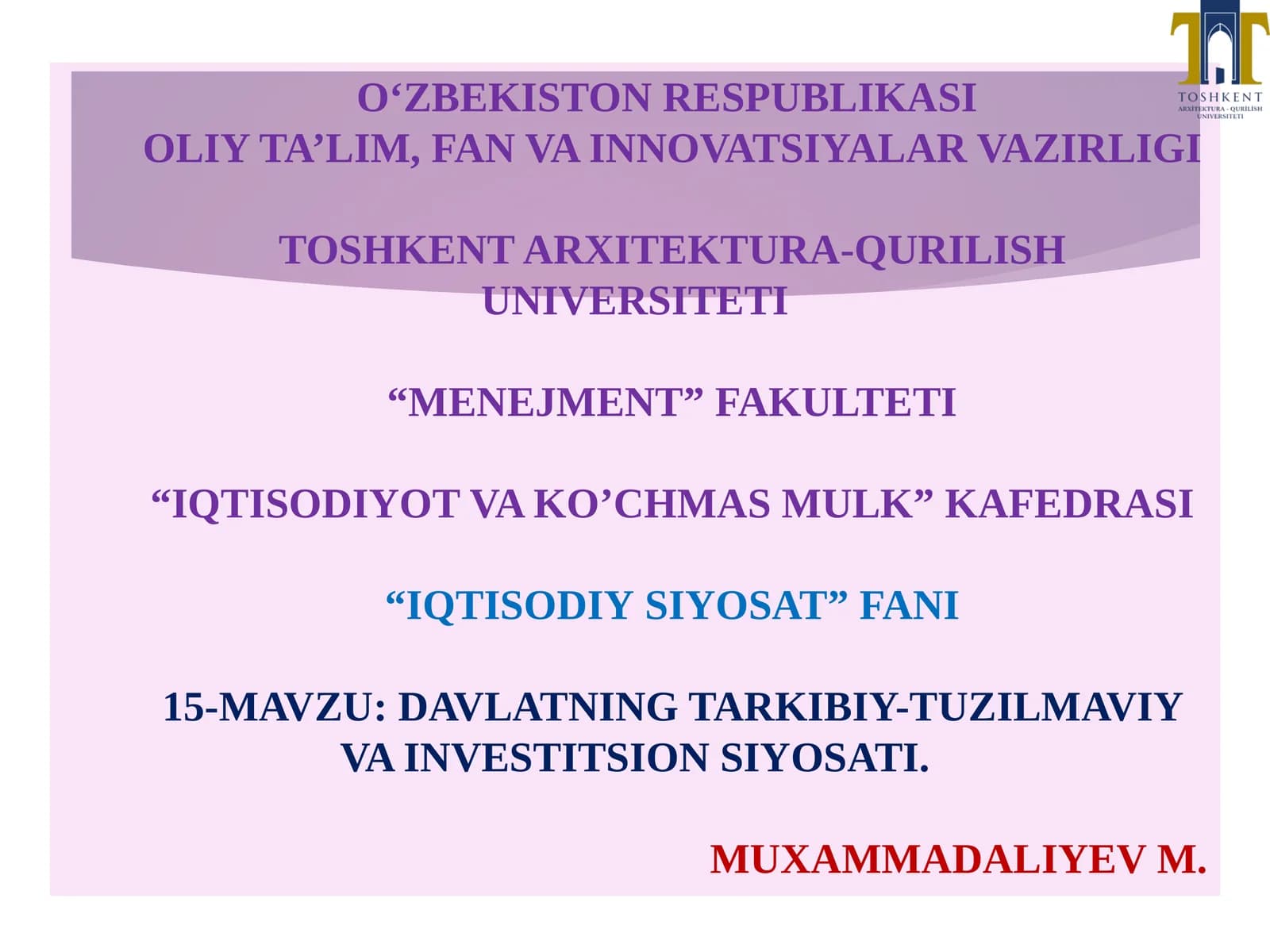 “DAVLATNING TARKIBIY-TUZILMAVIY VA INVESTITSION SIYOSATI”