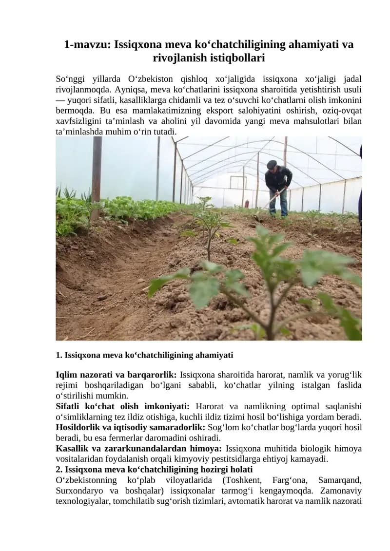 Issiqxona meva ko‘chatchiligining ahamiyati va rivojlanish istiqbollari