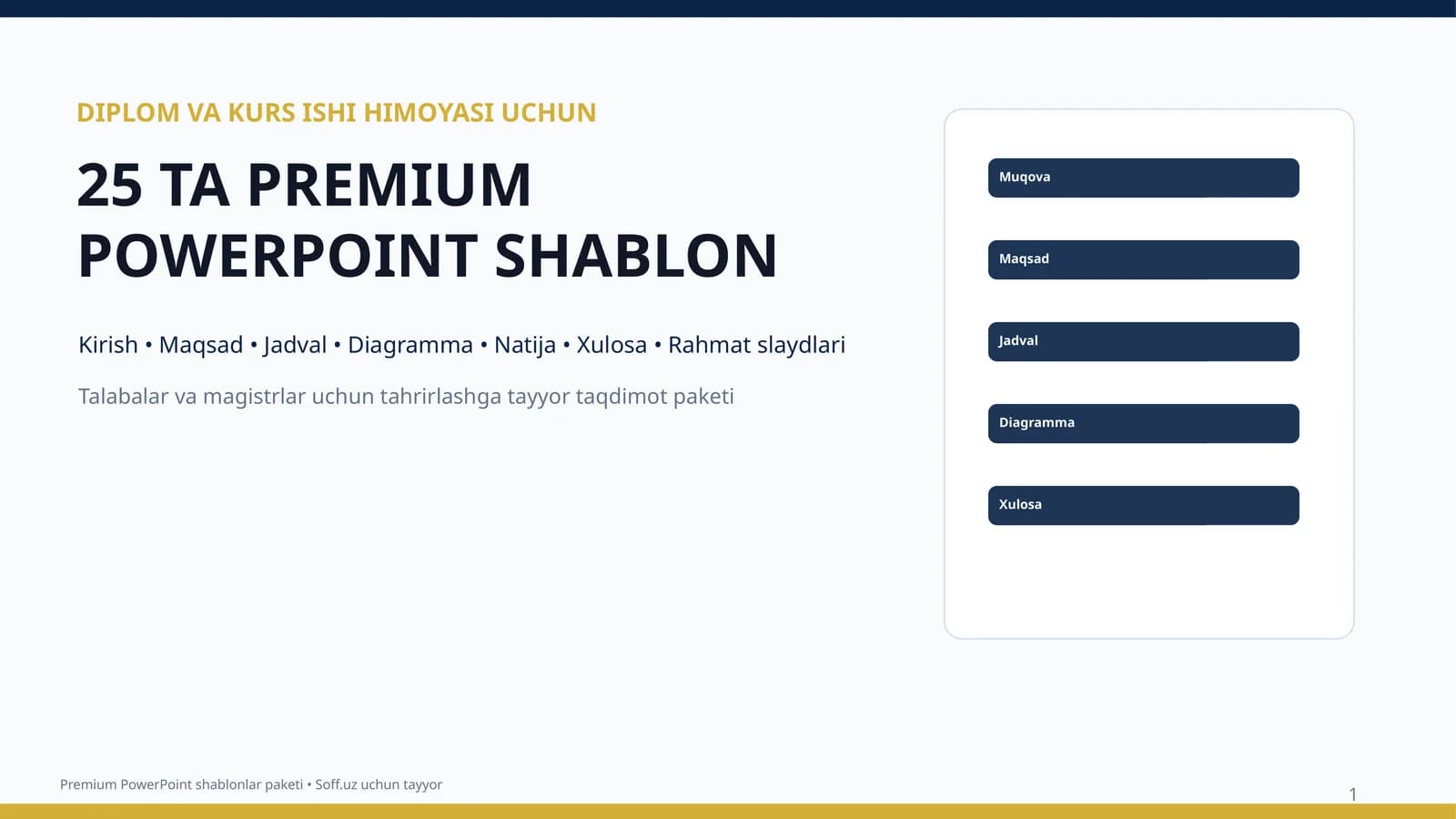 DIPLOM VA KURS ISHI HIMOYASI UCHUN 25 TA PREMIUM POWERPOINT SHABLON