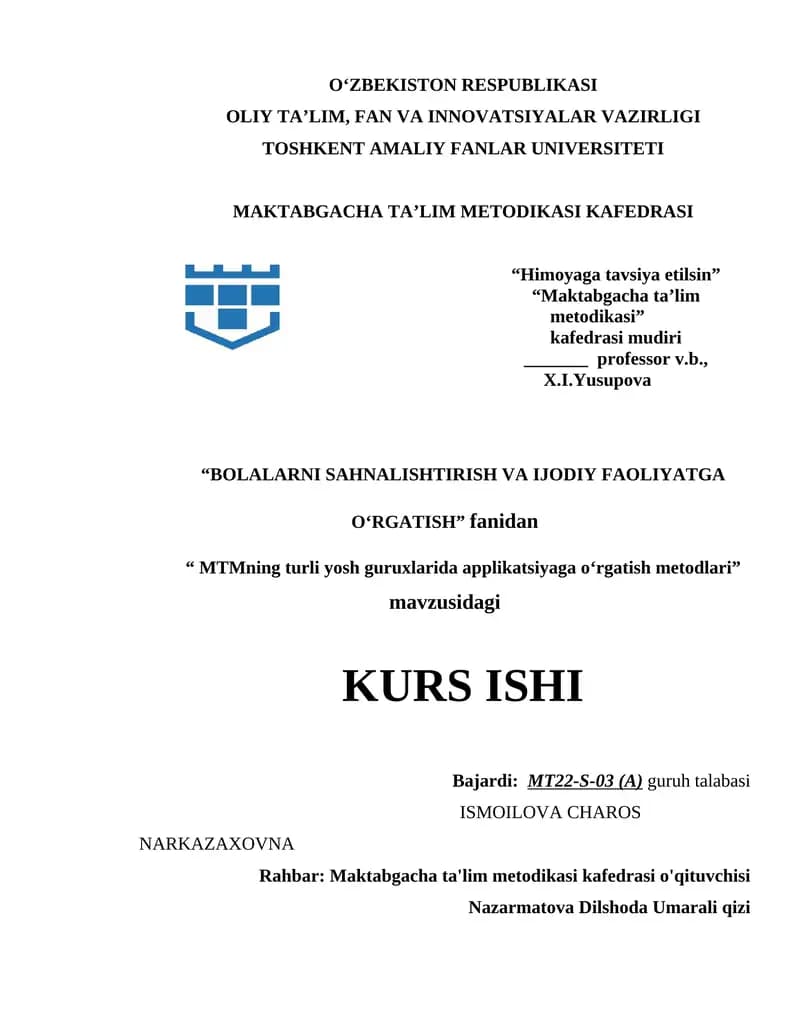 MTMning turli yosh guruxlarida applikatsiyaga o‘rgatish metodlari