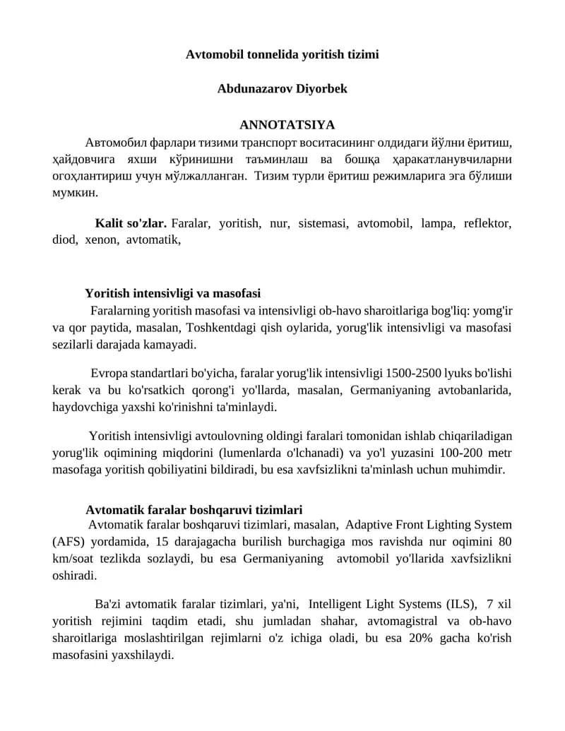 Avtomobil tonnelida yoritish tizimi