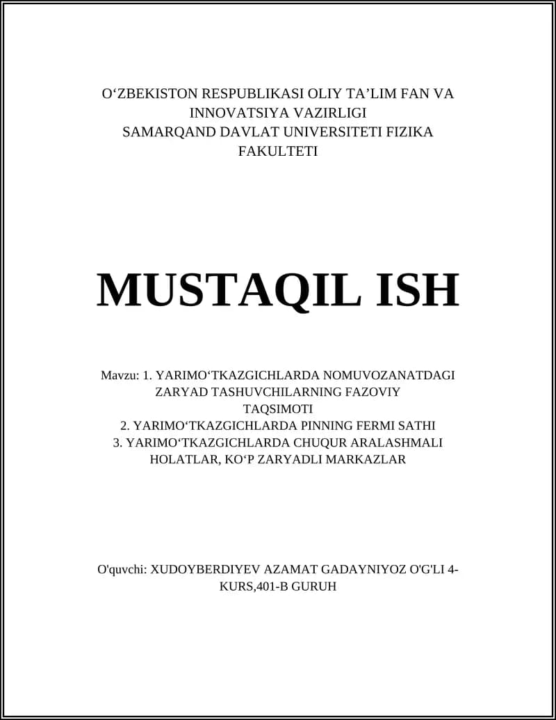 YARIMOʻTKAZGICHLARDA NOMUVOZANATDAGI ZARYAD TASHUVCHILARNING FAZOVIY TAQSIMOTI