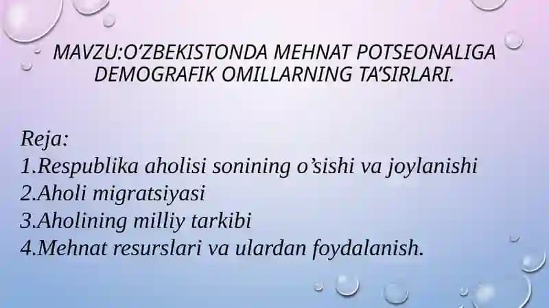 O'zbekistonda mehnat potensiali va demografik omillarning ta'sir