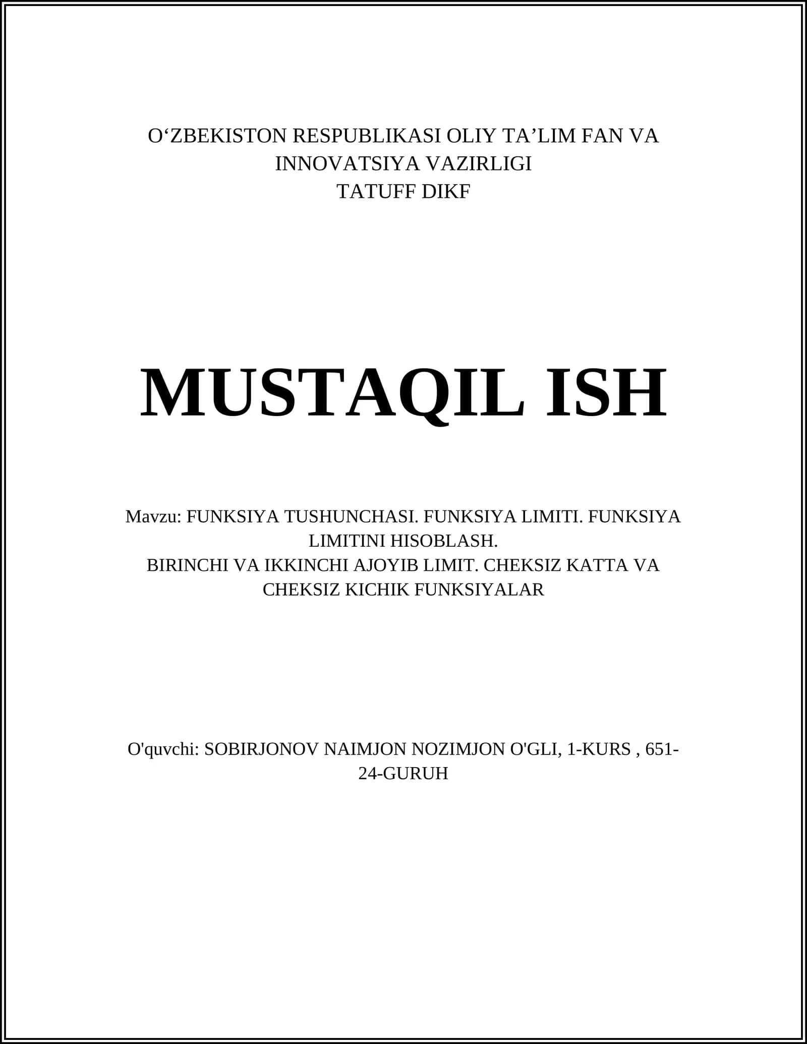 FUNKSIYA TUSHUNCHASI. FUNKSIYA LIMITI. FUNKSIYA LIMITINI HISOBLASH