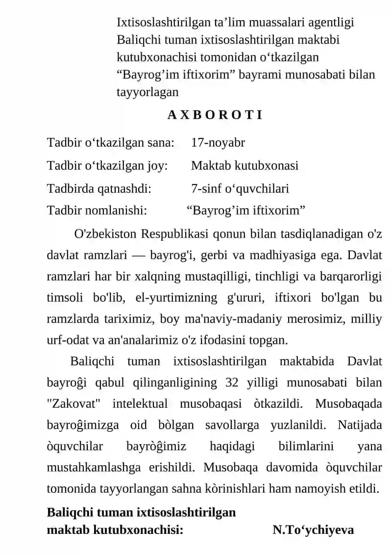 “Bayrog’im iftixorim” bayrami