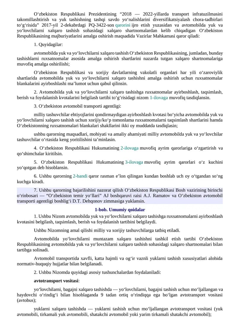 Transport infratuzilmasini takomillashtirish va yuk tashishning tashqi savdo yo‘nalishlari