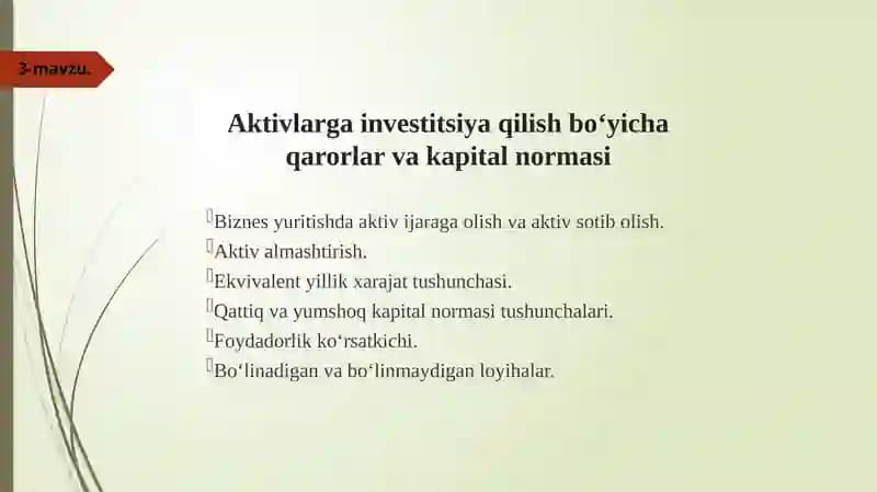 Aktivlarga investitsiya qilish boʻyicha qarorlar va kapital normasi
