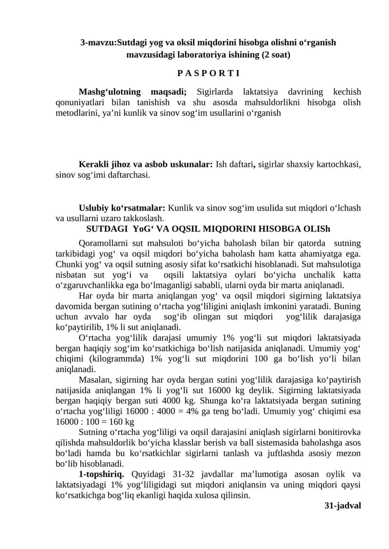SUTDAGI YoG‘ VA OQSIL MIQDORINI HISOBGA OLISh