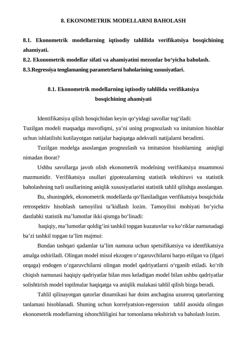 EKONOMETRIK MODELLARNI BAHOLASH