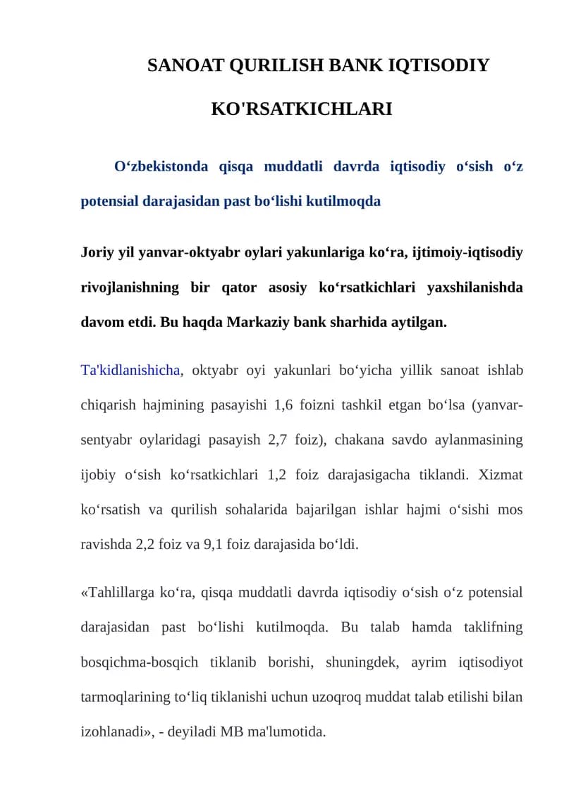 SANOAT QURILISH BANK IQTISODIY KO'RSATKICHLARI