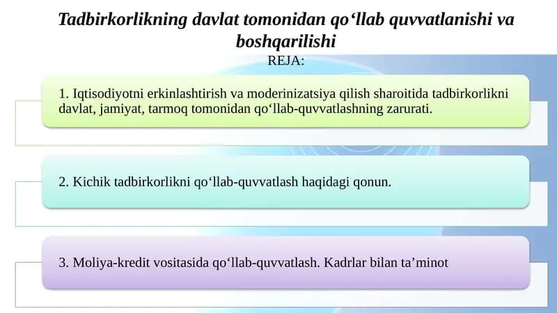Tadbirkorlikning davlat tomonidan qo‘llab quvvatlanishi va boshqarilishi