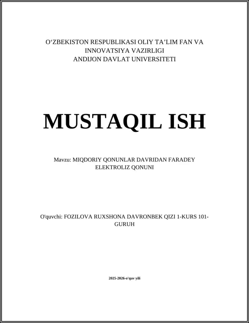 MIQDORIY QONUNLAR DAVRIDAN FARADEY ELEKTROLIZ QONUNI