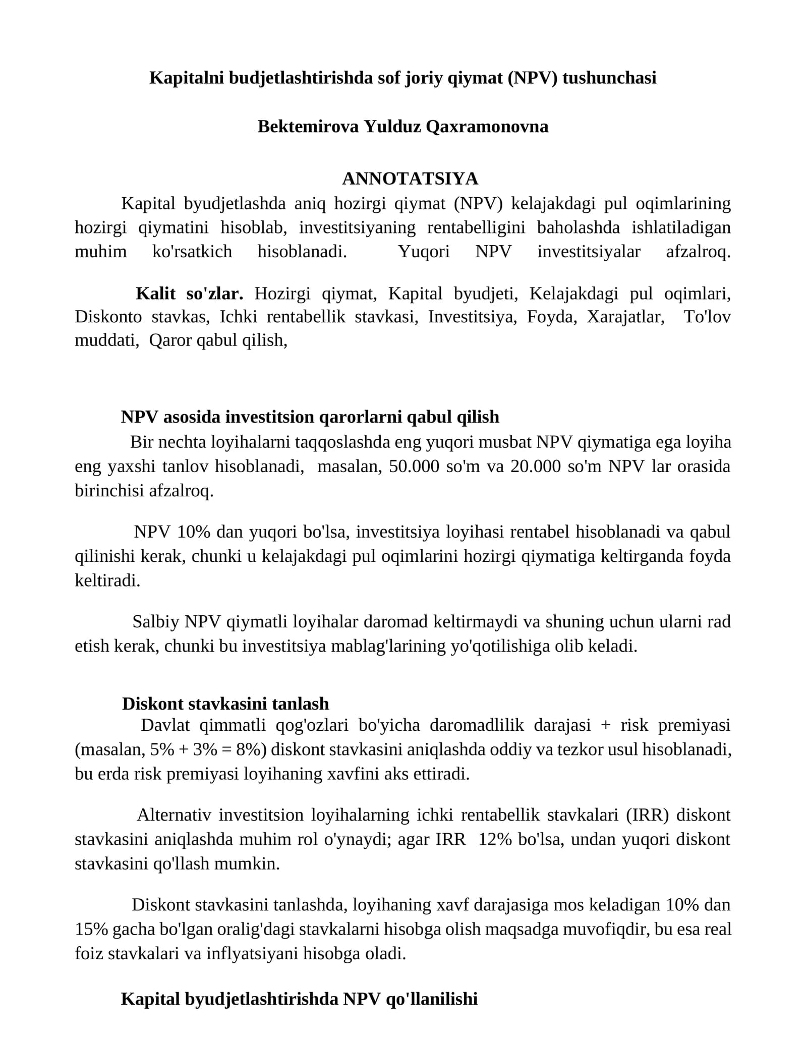 Kapitalni budjetlashtirishda sof joriy qiymat (NPV) tushunchasi