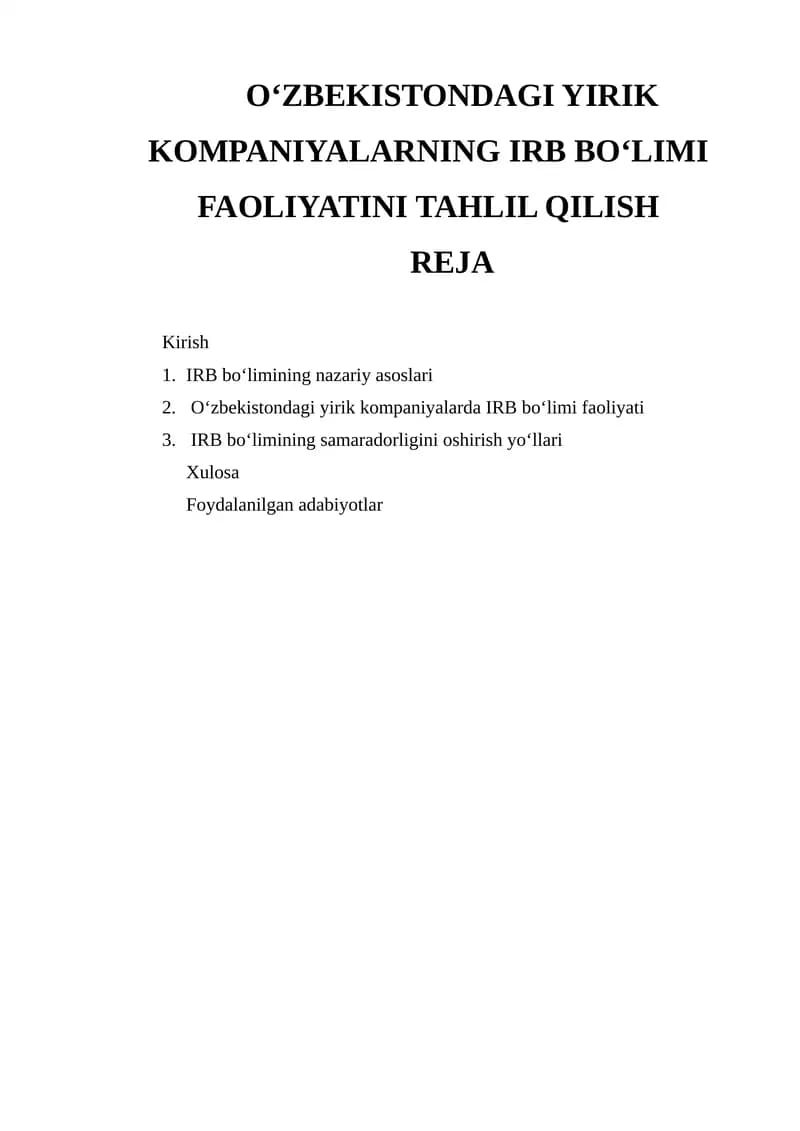 O‘ZBEKISTONDAGI YIRIK KOMPANIYALARNING IRB BO‘LIMI FAOLIYATINI TAHLIL QILISH