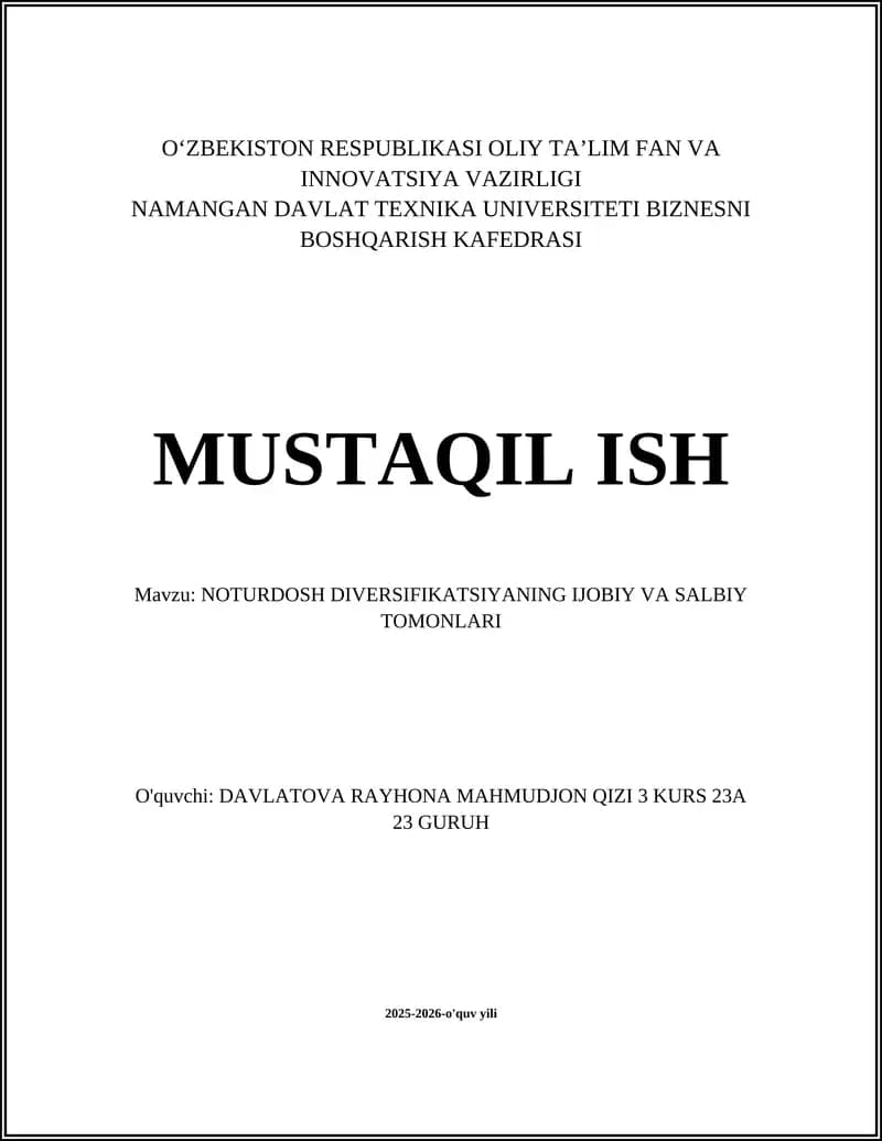 NOTURDOSH DIVERSIFIKATSIYANING IJOBIY VA SALBIY TOMONLARI