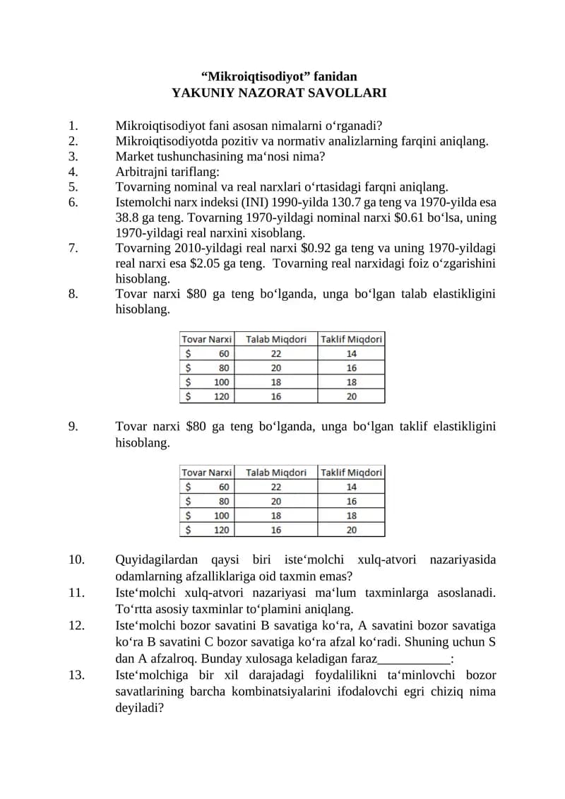 Mikroiqtisodiyot fanidan Yakuniy Nazorat Savollari