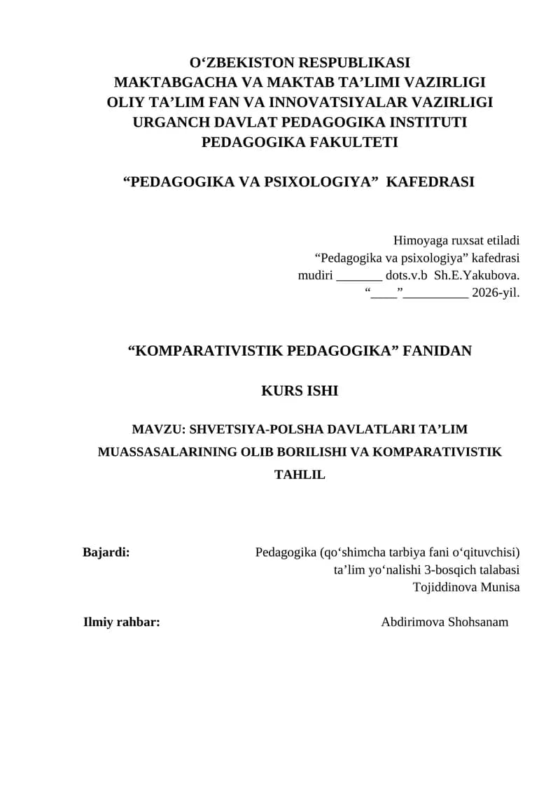 SHVETSIYA-POLSHA DAVLATLARI TA’LIM MUASSASALARINING OLIB BORILISHI VA KOM