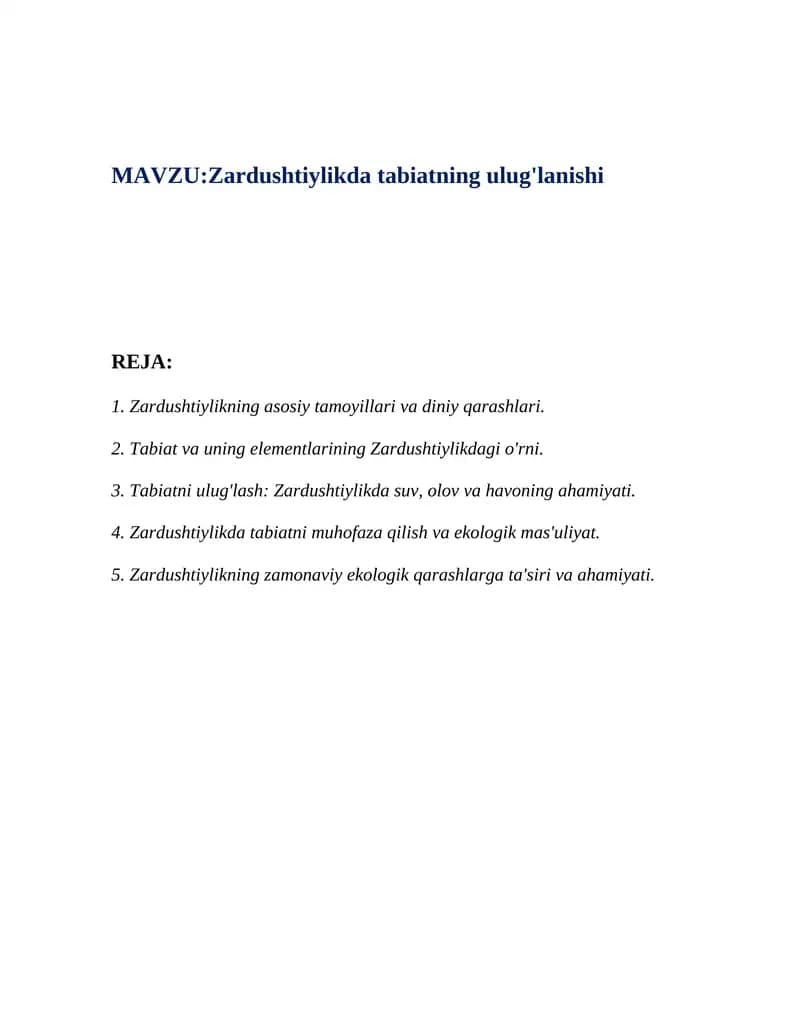 Zardushtiylikda tabiatning ulug'lanishi