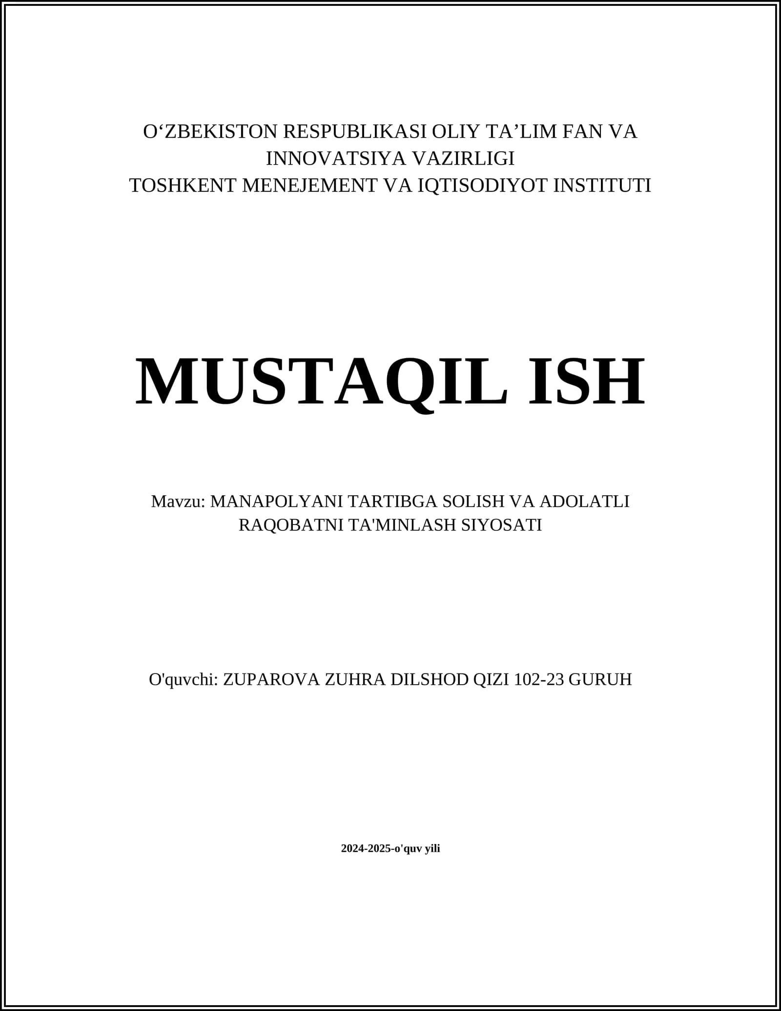 MANAPOLYANI TARTIBGA SOLISH VA ADOLATLI RAQOBATNI TA'MINLASH SIYOSATI