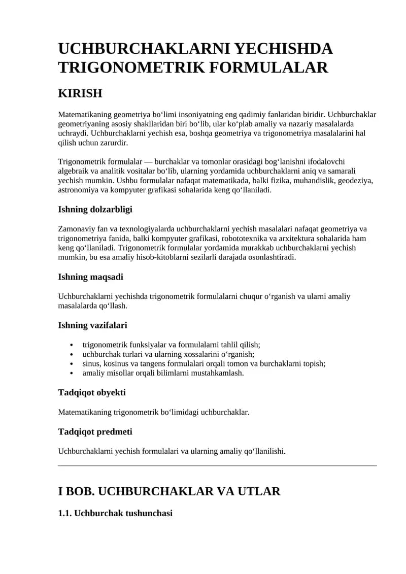 Uchburchaklarni Yechishda Trigonometrik Formulalar