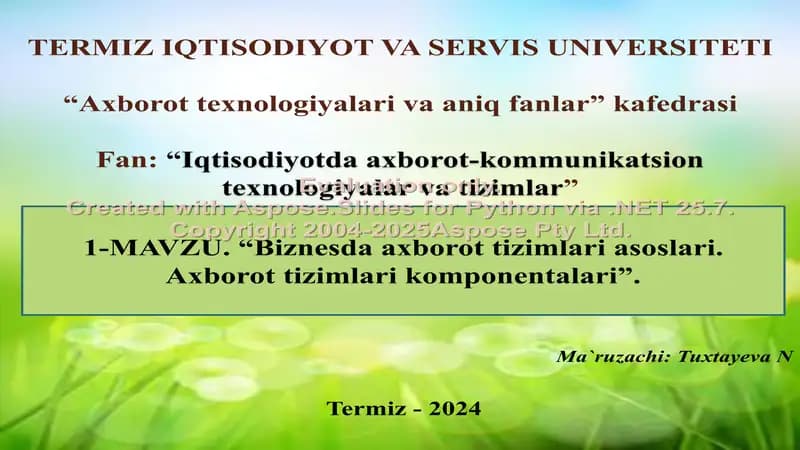 Biznesda axborot tizimlari asoslari. Axborot tizimlari komponentalari