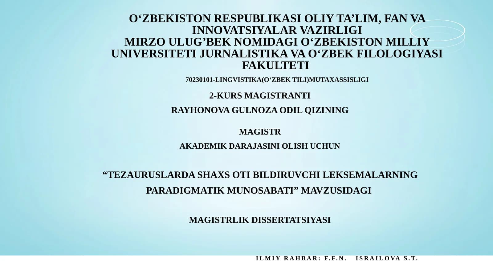 "Tezauruslarda Shaxs Oti Bildiruvchi Leksemalarning Paradigmatik Munosabati"