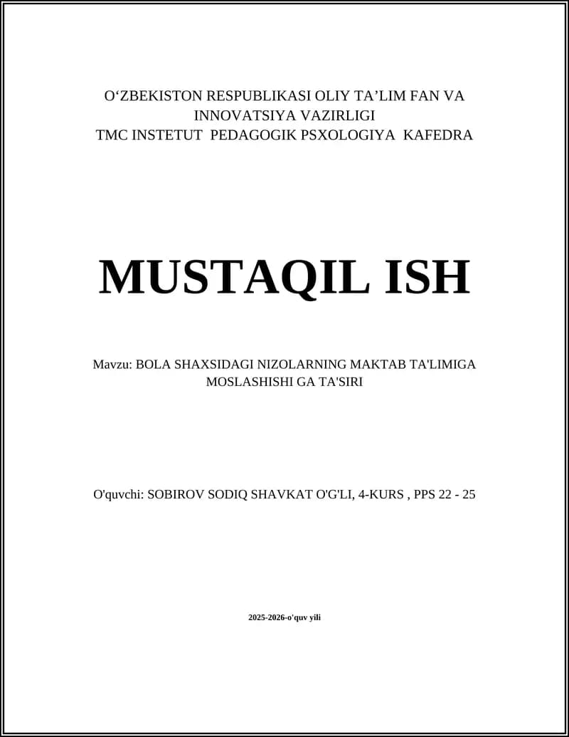 BOLA SHAXSIDAGI NIZOLARNING MAKTAB TA'LIMIGA MOSLASHISHI GA TA'SIRI
