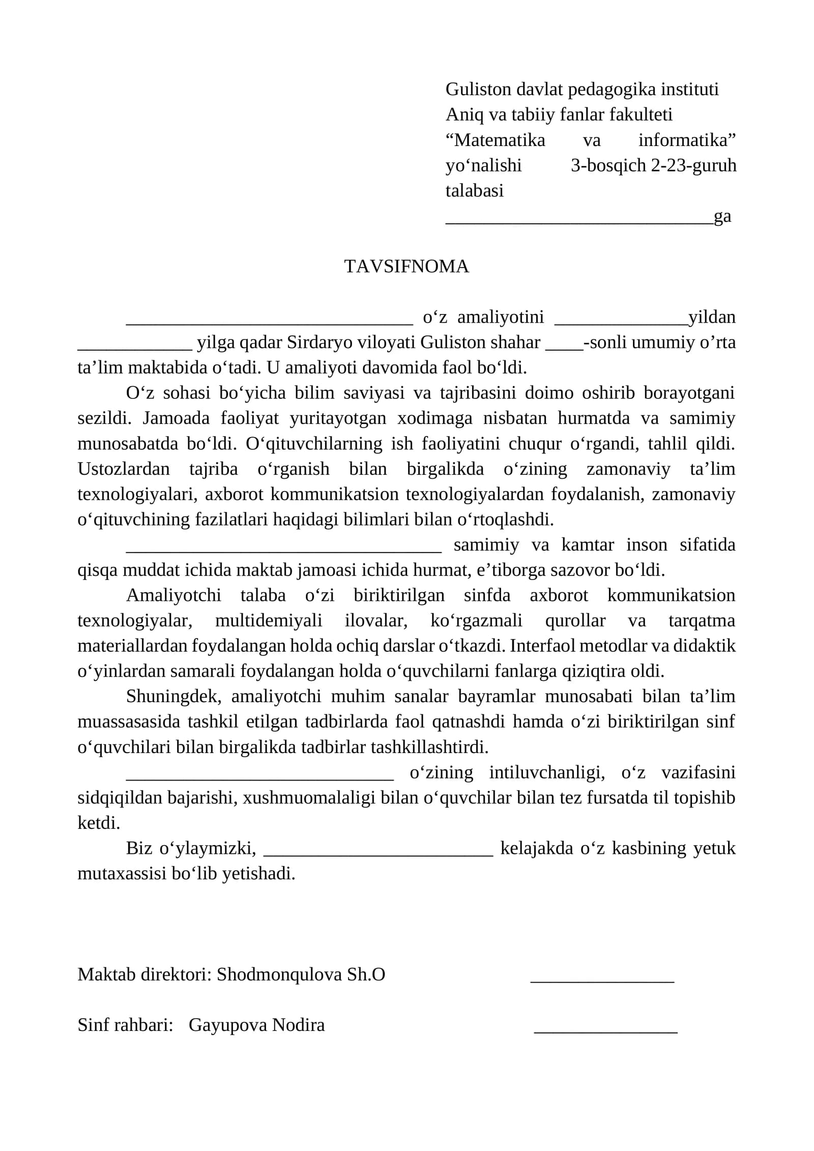 "Matematika va informatika" yo‘nalishi talabasi