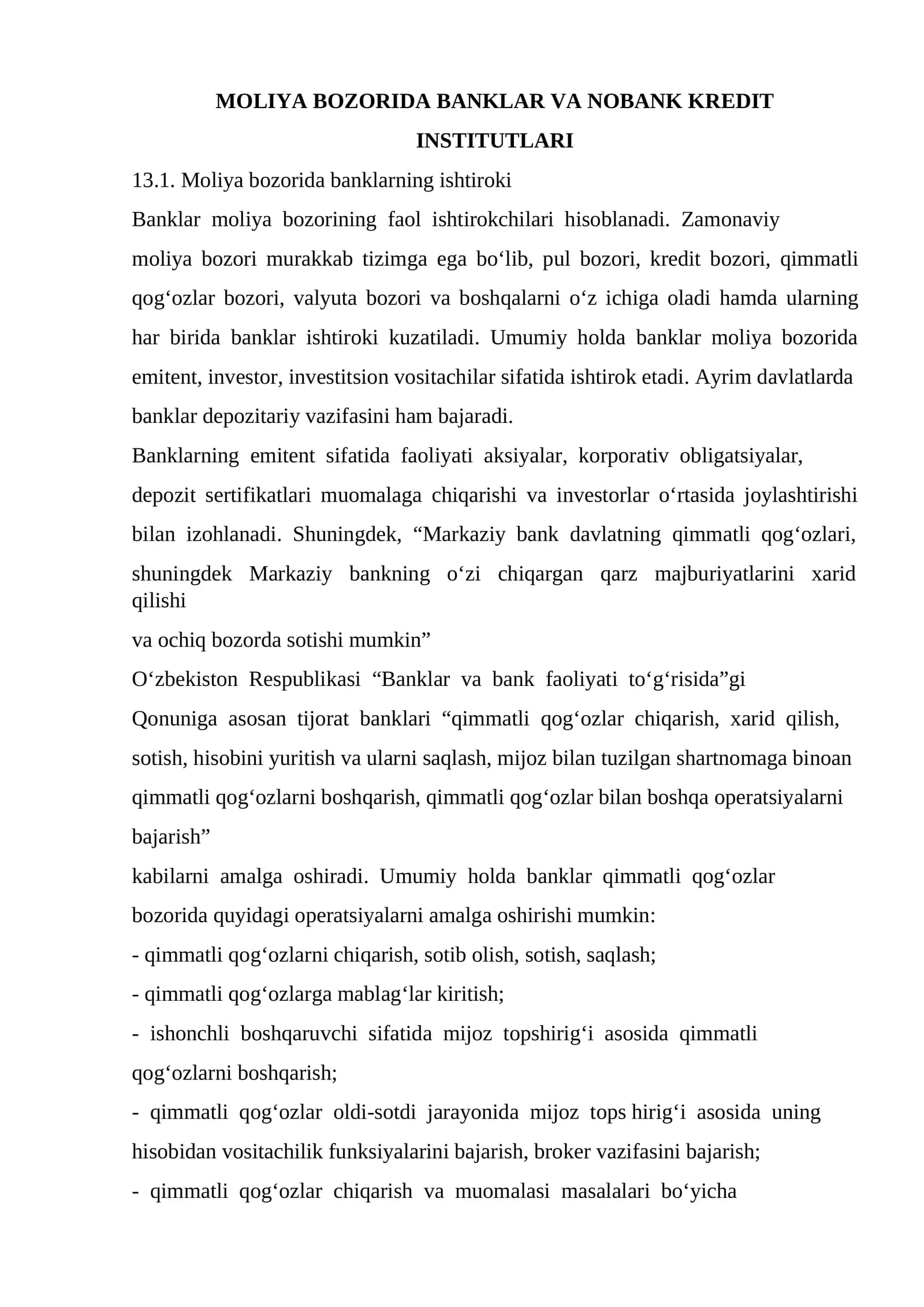 MOLIYA BOZORIDA BANKLAR VA NOBANK KRЕDIT INSTITUTLARI